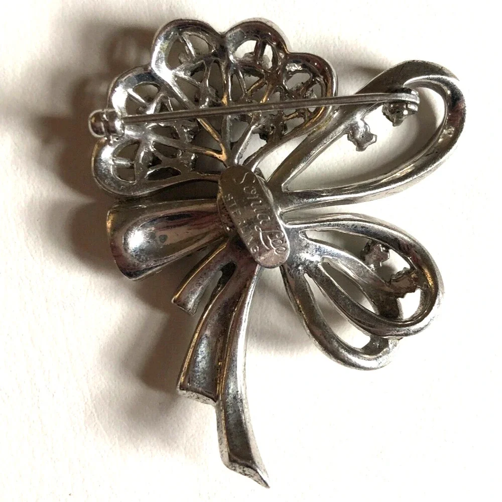 Sterling Silver Bow Brooch Sonia Lee 1940s Art Deco Rhinestone White Blue Vtg